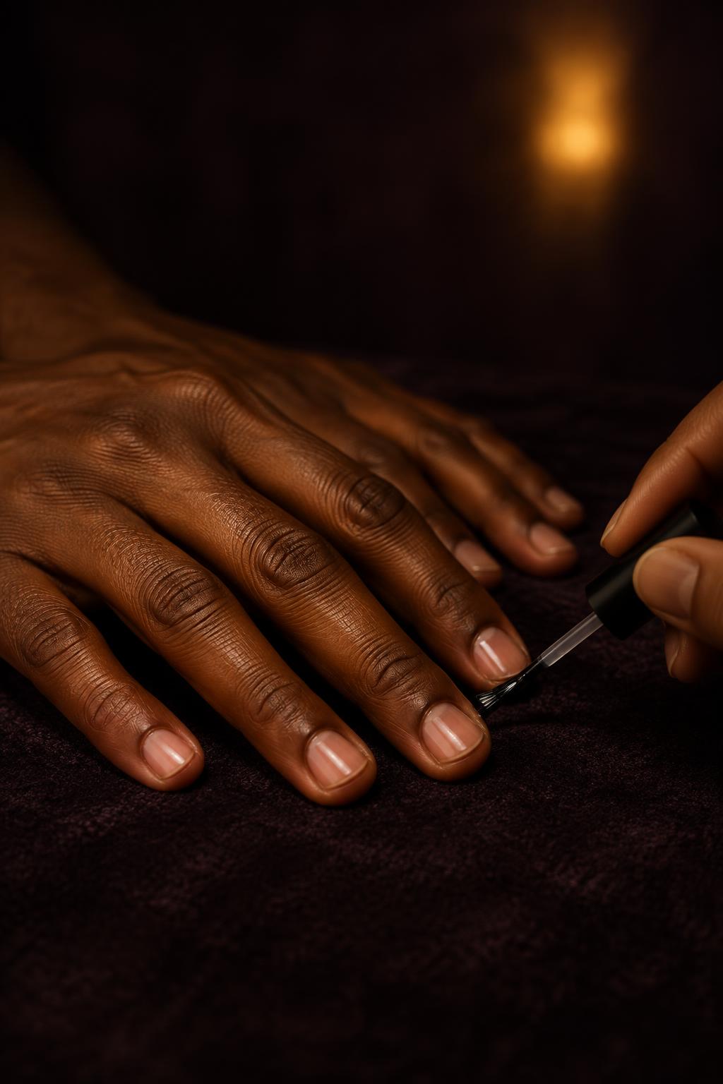A manicure being applied to a man's short, neatly shaped nails
