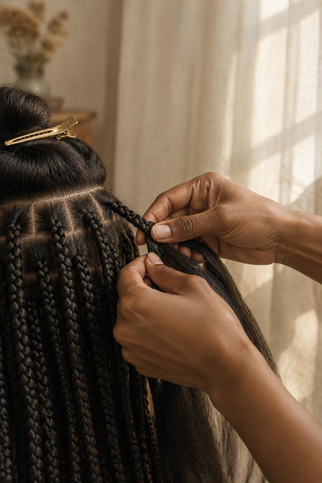 A stylist sectioning and braiding long dark hair